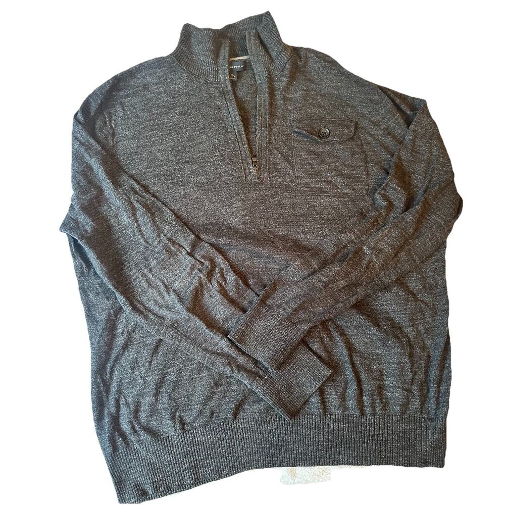 Banana Republic Knit 1/4 Zip Pullover Sweater Gray XL Tight-Knit Mock Neck